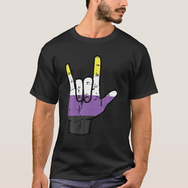 Nonbinary I Love You Hand Sign Language Enby NB Pr T-Shirt (Vorderseite)