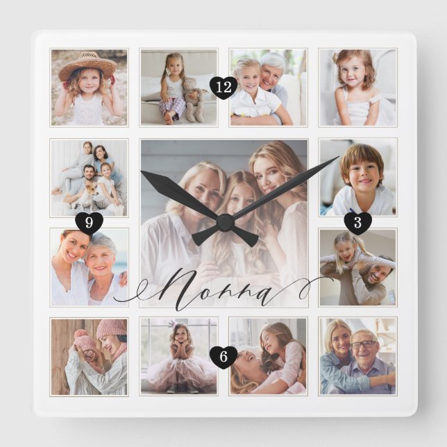 Nonna Script Family Memory Foto Grid Collage Quadratische Wanduhr (Vorderseite)
