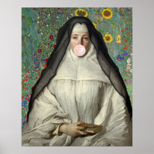 Nonne bläst einen rosa Kaugummi Poster