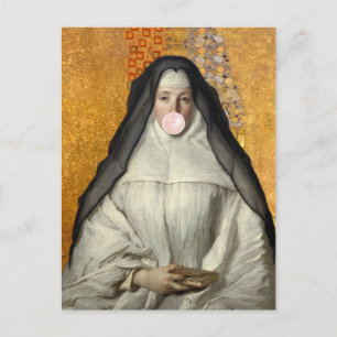 Nonne bläst rosa Kaugummi Postkarte