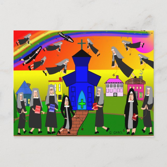 Nonnen "Flying Nuns" Whimsical Art Postkarte (Vorderseite)