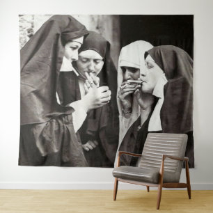Nonnen rauchen Vintage-Fotografie Wandteppich
