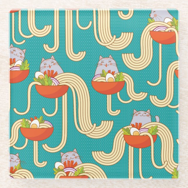 Noodles Funny Cats Türkis Hintergrund Glasuntersetzer (Vorderseite)