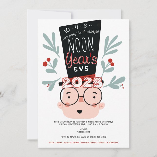 Noon Year's Eve Countdown bis Noon Party Einladung (Vorderseite)
