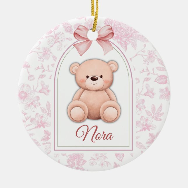 Nora | Benutzerdefiniertes rosa Teddy-Bär-Kinderzi Keramik Ornament (Vorne)