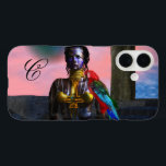 NORA CYBER WARRIOR MONOGRAM Science Fiction iPhone 16 Hülle<br><div class="desc">Schwarz tätoted Schönheit mit eleganten goldenen Schmuck mit ihrem farbenfrohen roten Papagei,  unter dem rosa kosmischen Himmel mit blauen Planeten.Künstlerische Animation Rahmen aus Hyperion World 3d Animation sci-fi Spielfilm .</div>