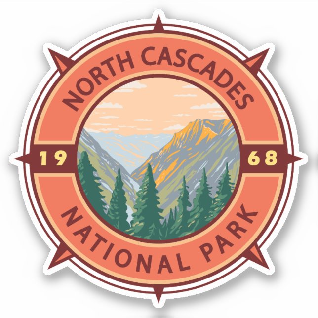 Nord Cascades Nationalpark Retro Kompass Emblem Aufkleber (Vorderseite)