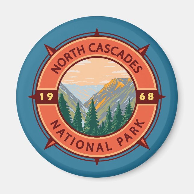 Nord Cascades Nationalpark Retro Kompass Emblem Magnet (Vorne)
