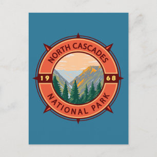 Nord Cascades Nationalpark Retro Kompass Emblem Postkarte