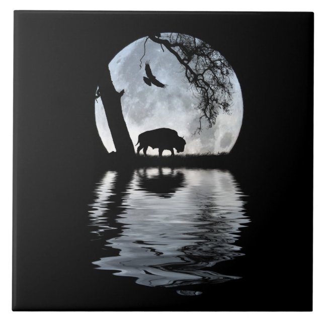 Nordamerikanische Buffalo und Raven mit Vollmond Fliese (Vorderseite)