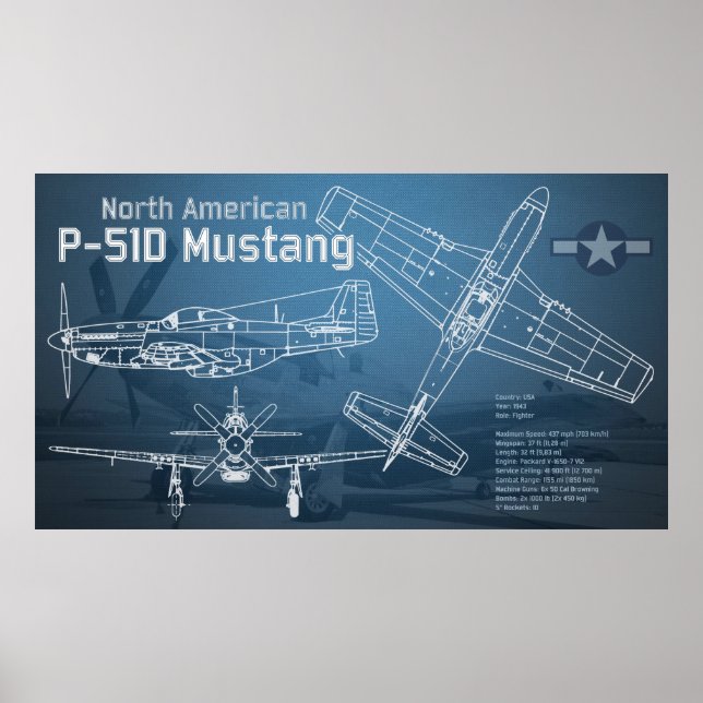 Nordamerikanischer P-51D Mustang Blueprint Poster (Vorne)