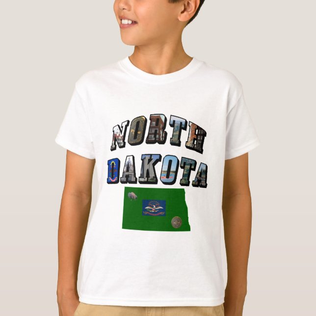 Norddakota Bildtext, Karte, State Flag Kid's T-Shirt (Vorderseite)