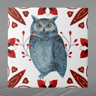 Nordic Blue Owl Wasserfarbe Folklorekunst Fliese