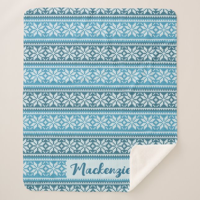 Nordic Blue Snowflake Strick Sweater Personalisier Sherpadecke (Vorderseite)