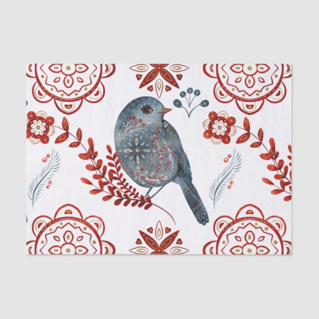 Nordic Blue Songbird Wasserfarbe Kunst Seidenpapier (Vorderseite)