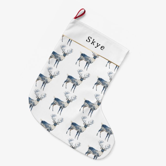 Nordic Blue White Deer Christmas Großer Weihnachtsstrumpf (Vorderansicht (hängend))