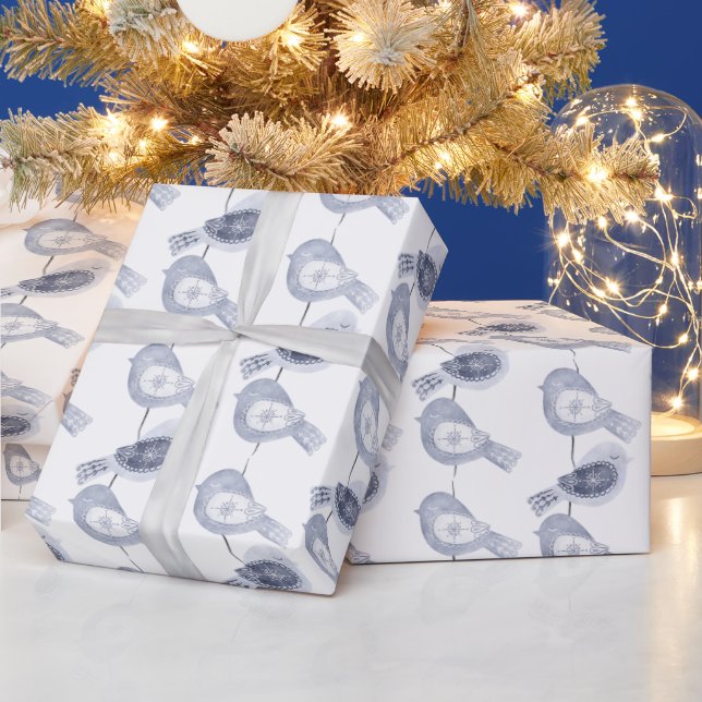Nordic Christmas Blue Birds Geschenkpapier (Feiertage)