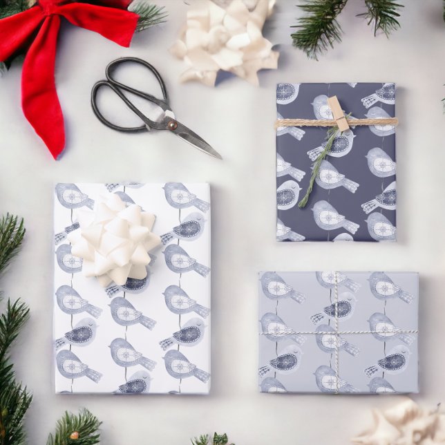 Nordic Christmas Blue Birds Geschenkpapier Set (Blue and white Nordic Christmas bird wrapping papers from Ricaso)