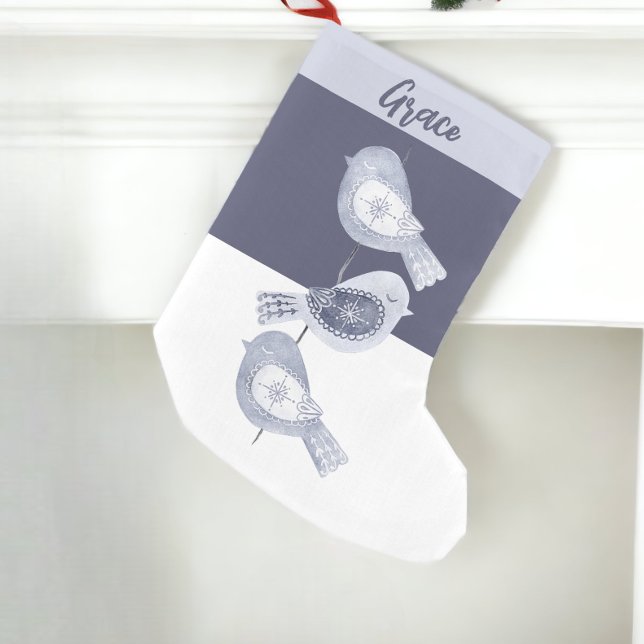 Nordic Christmas Blue Birds Kleiner Weihnachtsstrumpf (Nordic Christmas Blue Birds Small Christmas Stocking from Ricaso. Easy to personalize)