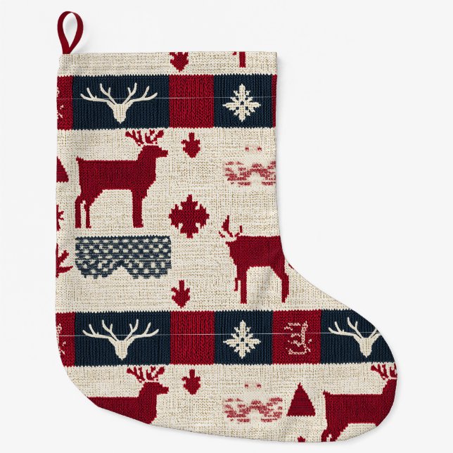 Nordic Christmas Patchwork | Rentiere (2) Großer Weihnachtsstrumpf (Vorderseite)