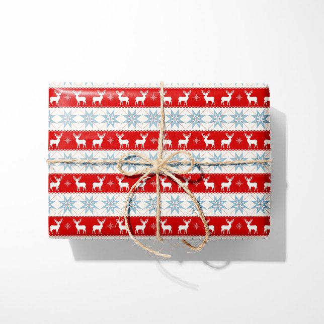 Nordic Christmas Rentier und Snowflakes Rot Geschenkpapier (Von Creator hochgeladen)