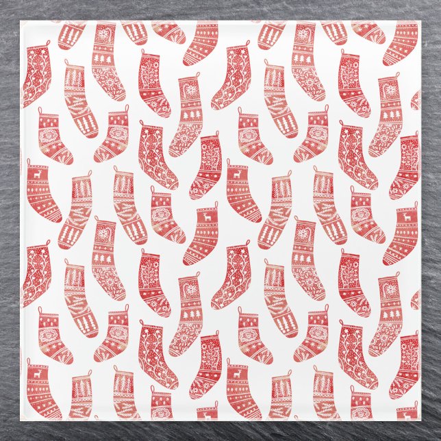 Nordic Christmas Strumpf Pattern Glasuntersetzer (Nordic Stockings red and white Scandinavian festive Christmas pattern coaster)