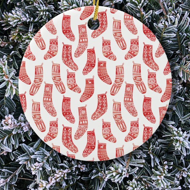Nordic Christmas Strumpf Pattern Keramik Ornament (Red and white stockings Christmas ornament)