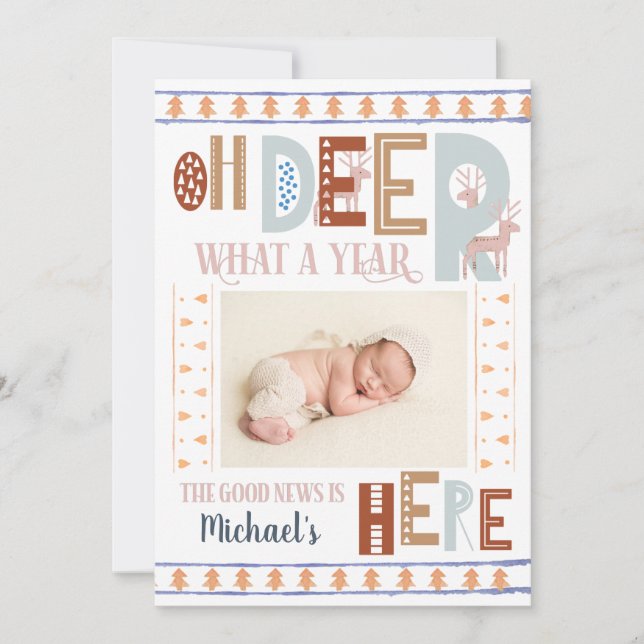 Nordic Christmas Trees Boho 3 Foto Holiday Birth Ankündigung (Vorderseite)