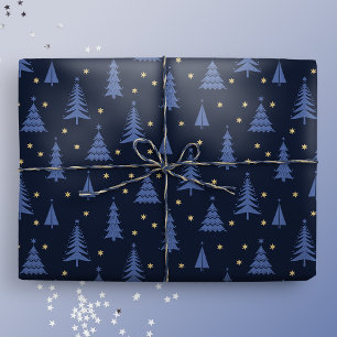 Nordic Cobalt Blue Christmas Trees Dark Geschenkpapier