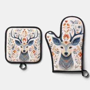 Nordic Deer Folk Art Ofenhandschuh & Topflappen-Set