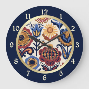 Nordic Flower Folk Art Pattern Große Wanduhr