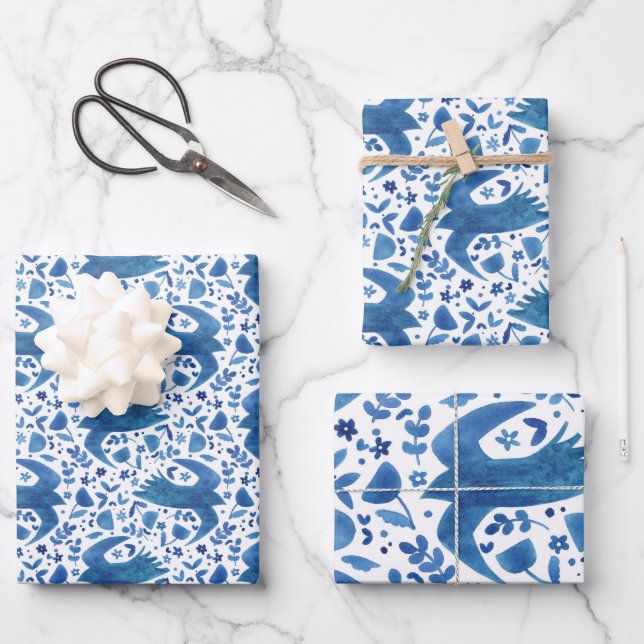 Nordic Folk Art Bird Geschenkpapier Set (Vorderseite)