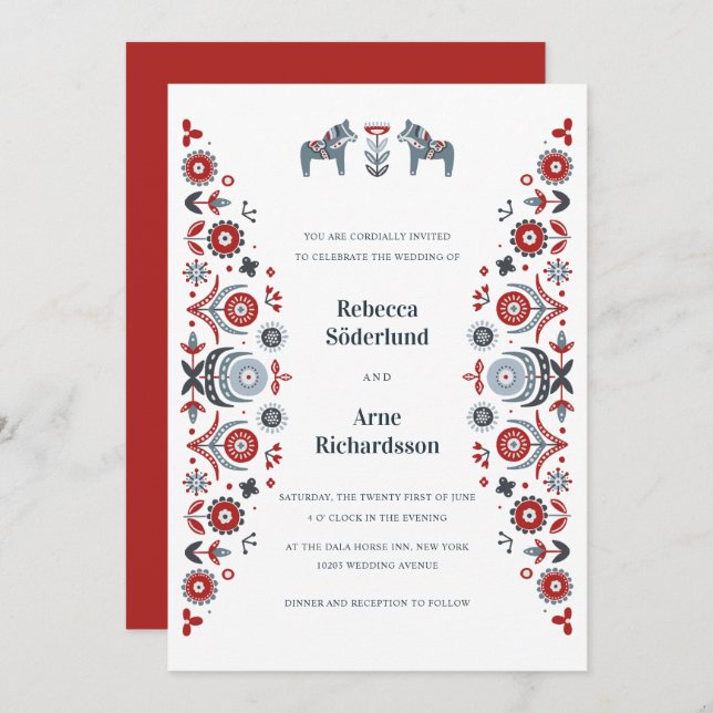 Nordic Folk Art Dala Pferd Skandinavische Hochzeit Einladung (Vorne/Hinten)