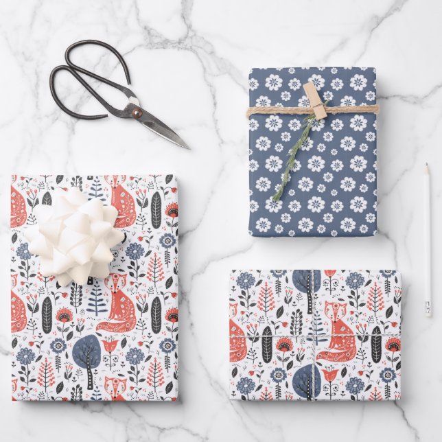 Nordic Folk Art Fox Geschenkpapier Set (Vorderseite)