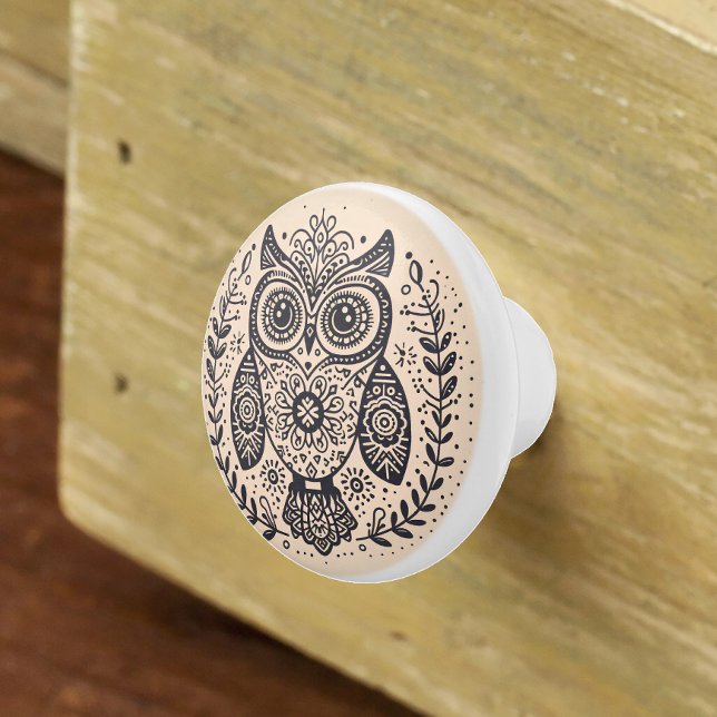 Nordic Folk Art Owl Beige Black Keramikknauf (Von Creator hochgeladen)