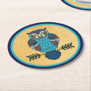 Nordic Folk Art Owl Runder Pappuntersetzer