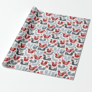 Nordic Folk Art Red Blue Birds und Blume Geschenkpapier