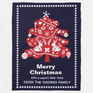 Nordic Folk Navy Red Christmas Tree Bunnies Fleecedecke