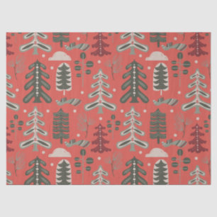 Nordic Green und White Tree Muster auf Red Seidenpapier