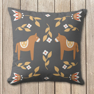 Nordic Horses Floral Folk Art Throw Kissen