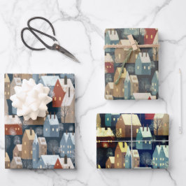 Nordic Modern Winter Town Cosy Houses Pattern Blue Geschenkpapier Set