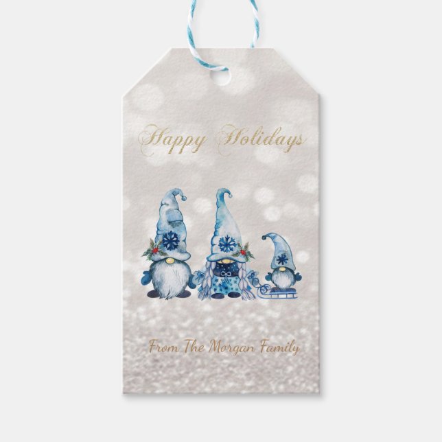 Nordic Niedlich Blue Gnomes Glitzer Bokeh Geschenkanhänger (Vorderseite)