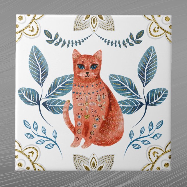 Nordic Orange Cat Watercolor Folk Fliese (Von Creator hochgeladen)