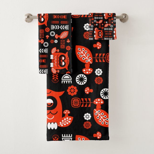 Nordic Owl - Orange und Black Folk Art Badhandtuch Set (Insitu)