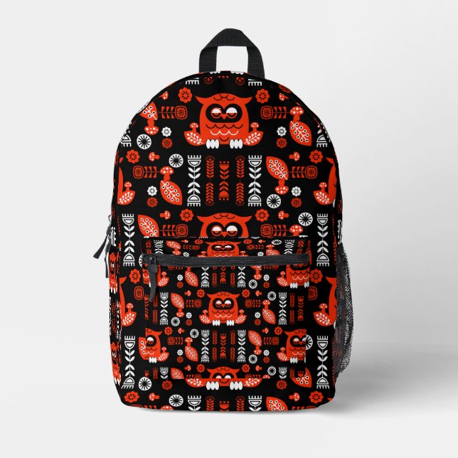 Nordic Owl - Orange und Black Folk Art Bedruckter Rucksack (Vorderseite)