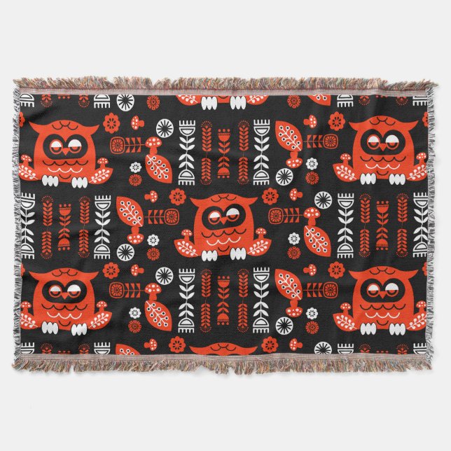 Nordic Owl - Orange und Black Folk Art Decke (Vorderseite)