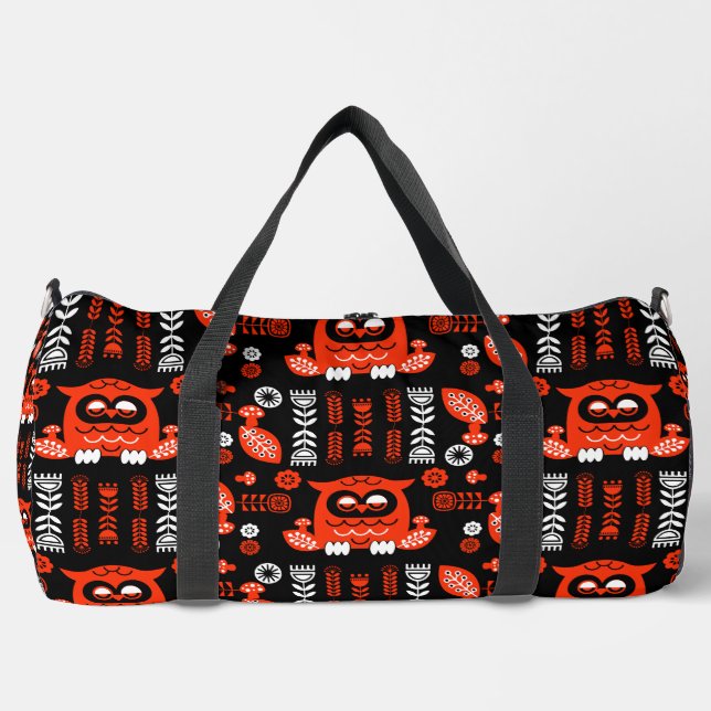 Nordic Owl - Orange und Black Folk Art Duffle Bag (Vorderseite)