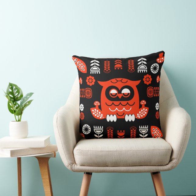 Nordic Owl - Orange und Black Folk Art Kissen (Stuhl )