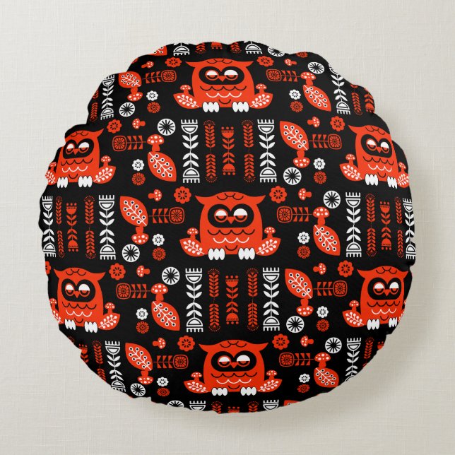 Nordic Owl - Orange und Black Folk Art Rundes Kissen (Vorderseite)