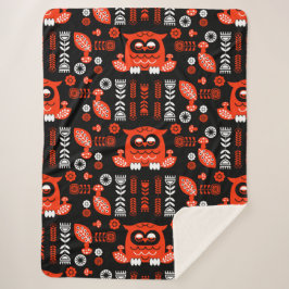 Nordic Owl - Orange und Black Folk Art Sherpadecke